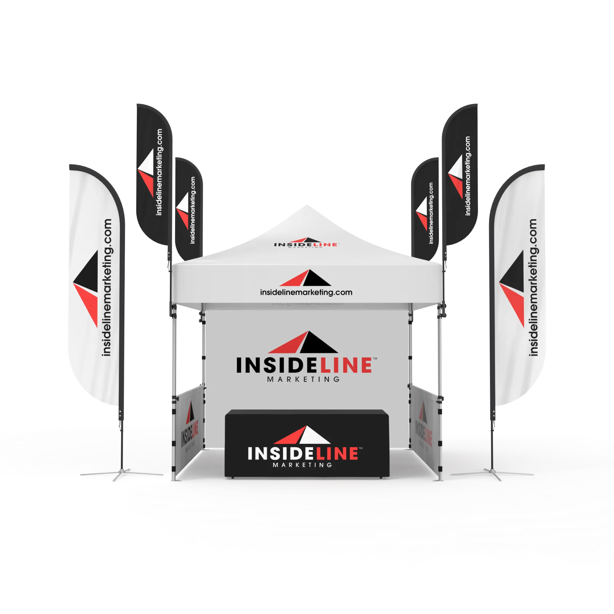 Inside Line branded custom canopy, flags, banner displays, and table cover